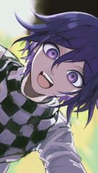 Rule 34 | 1boy, absurdres, checkered clothes, checkered scarf, close-up, danganronpa (series), danganronpa v3: killing harmony, flipped hair, foreshortening, hair between eyes, highres, looking at viewer, male focus, muwan, oma kokichi, open mouth, purple eyes, purple hair, scarf, shirt, short hair, simple background, smile, solo, teeth, upper body, upper teeth only, white shirt, wide-eyed