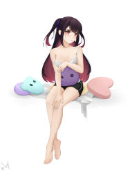 Rule 34 | 1girl, absurdres, bare arms, bare shoulders, barefoot, black hair, black shorts, blue nails, blue ribbon, blush, breasts, button eyes, buttons, cleavage, collarbone, colored inner hair, commentary, crossed ankles, english commentary, ferys, gradient eyes, hair ribbon, heart, highres, hina misora, long hair, looking at viewer, medium breasts, mixed-language commentary, multicolored eyes, multicolored hair, nail polish, off shoulder, pink eyes, pink hair, ribbon, shirt, shorts, sideways glance, signature, simple background, sitting, solo, spaghetti strap, spanish commentary, streaked hair, stuffed toy, symbol-shaped pupils, two-tone hair, two side up, virtual youtuber, wactor production, white background, white shirt, yellow eyes