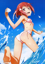 Rule 34 | 10s, 1girl, :d, absurdres, ass, bare legs, barefoot, bikini, breasts, clam shell, feet, from behind, hair ornament, hair ribbon, hairclip, highres, looking back, nyantype, official art, open mouth, partially submerged, pink bikini, pink eyes, pink hair, ribbon, scan, shiny skin, short ponytail, side-tie bikini bottom, small breasts, smile, soles, solo, strap gap, swimsuit, toes, trefoil, wading, wet, yuuki yuuna, yuuki yuuna wa yuusha de aru, yuusha de aru
