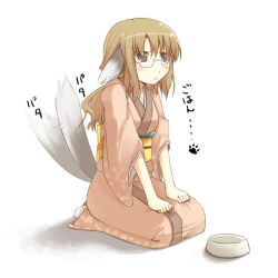 Rule 34 | 1girl, animal ears, blush, bowl, brown eyes, brown hair, clothes grab, dog ears, glasses, japanese clothes, jirou (chekoro), kimono, original, paw print, pet bowl, seiza, simple background, sitting, solo, tail, tail wagging, tears, translated