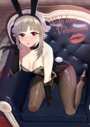 Rule 34 | 1girl, animal ears, blush, breasts, cleavage, detached collar, fake animal ears, fire emblem, fire emblem heroes, grey hair, hair ornament, highres, leotard, looking at viewer, medium breasts, nintendo, official alternate hair length, official alternate hairstyle, open mouth, pantyhose, playboy bunny, rabbit ears, red eyes, short hair, small breasts, solo, tara (szzj7733), veronica (fire emblem), wrist cuffs