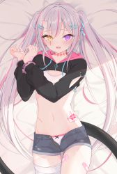 Rule 34 | 1girl, absurdres, bandaid, bandaid on hand, bandaid on stomach, bed sheet, black hoodie, blue ribbon, blush, crop top, cropped hoodie, cuffs, grey hair, hair ornament, hair ribbon, hairclip, handcuffs, heartsix, heterochromia, highres, hood, hoodie, horns, long hair, long sleeves, lying, navel, on back, on bed, open fly, open mouth, original, panties, pink hair, purple eyes, ribbon, scar, scar across eye, scar on stomach, short shorts, shorts, single horn, single thighhigh, solo, tail, thighhighs, twintails, two side up, underwear, very long hair, white panties, yellow eyes