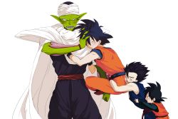 Rule 34 | 3boys, age difference, angry, black hair, cape, colored skin, dragon ball, father and son, green skin, head on ass, male focus, multiple boys, piccolo, pointy ears, son gohan, son goku, son goten, white background, yaoi