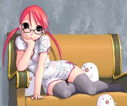 Rule 34 | 1girl, bad id, bad pixiv id, black eyes, china dress, chinese clothes, dress, glasses, looking over eyewear, oekaki, original, parted lips, pink hair, solo, thighhighs, twintails, une, zettai ryouiki
