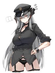 Rule 34 | ..., 1girl, absurdres, arknights, black bra, black choker, black garter straps, black hat, black horns, black nails, black panties, black shirt, bra, bra peek, breasts, button gap, choker, collarbone, cowboy shot, demon girl, demon horns, dress shirt, garter straps, grey hair, hand on own hip, hat, highres, horn/wood, horns, large breasts, long hair, looking at viewer, no pants, panties, peaked cap, red eyes, saria (arknights), shirt, simple background, sleeves rolled up, solo, spoken ellipsis, tight clothes, tight shirt, underwear, very long hair, white background, wrist cuffs