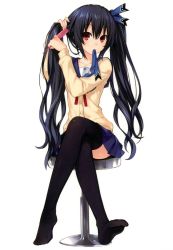 Rule 34 | 10s, 1girl, bad google+ id, bad id, black hair, black thighhighs, chair, crossed legs, long hair, neptune (series), no shoes, noire (neptunia), pleated skirt, red eyes, school uniform, simple background, sitting, skirt, solo, thighhighs, tsunako, twintails, white background