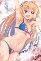 Rule 34 | 1girl, ahoge, american flag bikini, armpits, arms up, bikini, blonde hair, blue eyes, blush, breasts, cleavage, flag print, hair between eyes, happy, iowa (kancolle), kantai collection, large breasts, long hair, looking at viewer, messy hair, navel, open mouth, signature, smile, solo, star-shaped pupils, star (symbol), stomach, swimsuit, symbol-shaped pupils, thighs, yanagi wakana