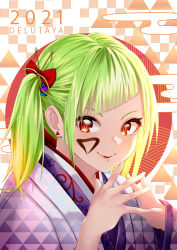 Rule 34 | 1girl, 2021, ahoge, akeome, bow, character name, delutaya, diagonal bangs, green hair, hair bow, hair ornament, happy new year, highres, indie virtual youtuber, japanese clothes, kimono, looking at viewer, mixed-language commentary, new year, rara086, red bow, red eyes, solo, triangle print, virtual youtuber