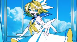 Rule 34 | 1girl, absurdres, bare shoulders, blonde hair, blue sailor collar, blue sky, blush, bow, cloud, crop top, dress, fang, hair bow, hair ornament, hairclip, highres, iroha (hourai 24), kagamine rin, looking at viewer, neckerchief, number tattoo, outstretched arm, outstretched hand, pale skin, reaching, reaching towards viewer, sailor collar, sailor shirt, shirt, shirt over dress, shoulder tattoo, sky, sleeveless, sleeveless dress, sleeveless shirt, smile, sundress, swept bangs, tattoo, treble clef, vocaloid, white bow, white dress, white shirt, wind, window, yellow nails, yellow neckerchief