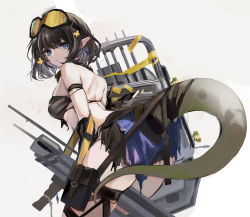 Rule 34 | 1girl, arknights, bad id, bad pixiv id, black hair, blue eyes, breasts, commentary, eunectes (arknights), female focus, from behind, goggles, goggles on head, grey background, hair ornament, highres, looking at viewer, looking back, medium breasts, pointy ears, pouch, qls, shield, short hair, simple background, snake tail, solo, symbol-only commentary, tail, thigh pouch, thigh strap, thighs, vambraces