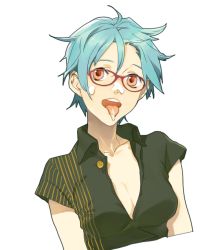 Rule 34 | 1girl, blue hair, breasts, cleavage, collarbone, cum, glasses, ie, ie (mochi), red eyes, short hair, solo, tongue, upper body