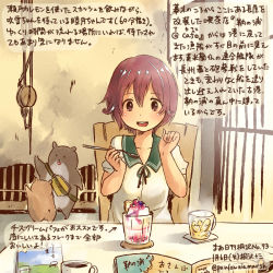 Rule 34 | 10s, 1girl, :d, animal, book, brown eyes, brown hair, clenched hand, commentary request, cup, dated, drinking glass, food, hamster, holding, holding spoon, ice cream, kantai collection, kirisawa juuzou, mutsuki (kancolle), open mouth, sailor collar, school uniform, serafuku, short hair, sitting, smile, spoon, traditional media, translation request, twitter username