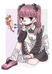 Rule 34 | 1girl, apron, bandaid, bandaid on face, bandaid on nose, black mask, black nails, blush, brown eyes, hair ornament, hairclip, heart, heart hair ornament, maid, maid apron, mask, mole, mole under eye, mouth mask, nail polish, original, party horn, pasikon, pink footwear, pink hair, simple background, sitting, socks, solo, star (symbol), star hair ornament, twintails, white background, white socks