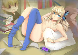 Rule 34 | 10s, 1girl, bad id, bad pixiv id, blonde hair, blue eyes, blush, boku wa tomodachi ga sukunai, book stack, bracelet, breasts, butterfly hair ornament, convenient censoring, earphones, hair censor, hair ornament, hair over breasts, handheld game console, highres, jewelry, kashiwazaki sena, liangchanxingmingrixiang, long hair, looking at viewer, lying, nude, on back, pillow, playstation portable, saliva, solo, thighhighs