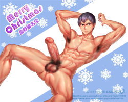 Rule 34 | 1boy, abs, armpit hair, armpits, arms up, body hair, censored, erection, foreskin, haikyuu!!, hairy testicles, kageyama tobio, kaworu (artist), large penis, looking at another, male focus, merry christmas, muscular, nipples, nude, penis, pubic hair, purple hair, spread legs, testicles