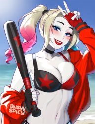Rule 34 | 1girl, asymmetrical gloves, baseball bat, batman (series), beach, bikini, blonde hair, blue eyes, blush, blushyspicy, breasts, cleavage, dc comics, eyeshadow, gloves, hair dye, harley quinn, harley quinn (cartoon), highres, jacket, makeup, off shoulder, over shoulder, pale skin, red jacket, red lips, side-tie bottom, smile, solo, swimsuit, twintails, upper body, weapon, weapon over shoulder