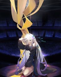 Rule 34 | 1girl, bare shoulders, black sleeves, commentary request, crossed bangs, crowd, detached sleeves, flower, gradient hair, hair between eyes, hair flower, hair ornament, highres, holding, holding microphone, kasuka (vesperbell), kneeling, long hair, long sleeves, looking at viewer, microphone, multicolored hair, nail polish, open mouth, pointing, pointing at self, purple eyes, purple hair, purple nails, solo, teeth, thighs, tongue, tongue out, tsumeki, two-tone hair, upper teeth only, very long hair, vesperbell, virtual youtuber, white hair