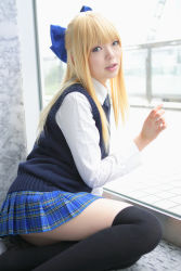 Rule 34 | 1girl, against glass, asian, black footwear, black thighhighs, blonde hair, blue eyes, blue ribbon, blurry, bow, breasts, character request, color contacts, cosplay, depth of field, dress shirt, hair bow, highres, indoors, looking at viewer, looking to the side, miniskirt, namada, on floor, parted lips, photo (medium), pleated skirt, ribbon, school uniform, shirt, shoes, sitting, skirt, small breasts, solo, sweater vest, thighhighs, white shirt, window, yokozuwari, zettai ryouiki