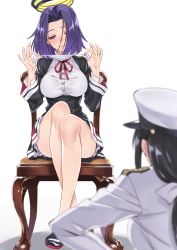 Rule 34 | 10s, 2girls, blush, chair, commentary request, female admiral (kancolle), hair intakes, hair over one eye, halo, hat, highres, holding, holding clothes, holding panties, holding underwear, jewelry, kantai collection, legs, looking down, matsuryuu, mechanical halo, military, military uniform, multiple girls, naval uniform, panties, peaked cap, purple hair, ribbon, ring, shadow, short hair, side-tie panties, sitting, skirt, tatsuta (kancolle), underwear, uniform, unworn panties, wedding band, white panties