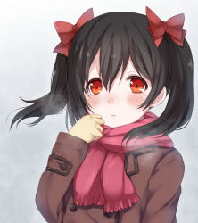 Rule 34 | 10s, 1girl, black hair, blush, bow, brown coat, coat, grey background, hair between eyes, hair bow, highres, hitotsuki no yagi, love live!, love live! school idol project, pink scarf, red bow, red eyes, scarf, solo, twintails, upper body, yazawa nico