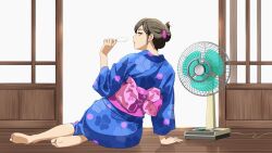 Rule 34 | 1girl, animated, animated png, barefoot, electric fan, feet, food, japanese clothes, kimono, long hair, looking at viewer, looking back, parted lips, popsicle, soles, toes, warabi yuuzou, yukata