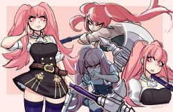 Rule 34 | 1girl, axe, breasts, evil grin, evil smile, female focus, fire emblem, fire emblem: three houses, garreg mach monastery uniform, grin, hilda valentine goneril, holding, holding axe, holding weapon, long hair, matching hair/eyes, medium breasts, nintendo, open mouth, pink eyes, pink hair, saane, short sleeves, simple background, skirt, smile, solo, thighhighs, thighs, twintails, uniform, weapon, zettai ryouiki