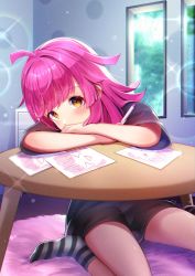 Rule 34 | 1girl, ahoge, arms on table, black shirt, black socks, blunt bangs, blunt ends, blush, commentary request, day, drawing, highres, holding, holding marker, indoors, kenko (a143016), legs, looking at viewer, love live!, love live! nijigasaki high school idol club, marker, pink rug, rina-chan board, rug, shirt, short hair, short sleeves, sitting, socks, solo, sparkle, striped clothes, striped socks, t-shirt, table, tennoji rina, thighs, wariza, window, yellow eyes