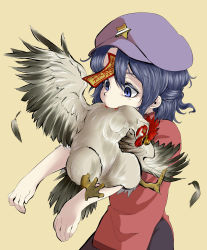 Rule 34 | 1girl, bird, biting, blood, blue eyes, blue hair, blue hat, chicken, commentary request, feathers, hat, highres, miyako yoshika, ofuda, outstretched arms, rooster, shika miso, simple background, solo, star (symbol), touhou, upper body, yellow background