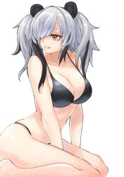 Rule 34 | 1girl, absurdres, arknights, bare shoulders, bikini, black bikini, black hair, clenched teeth, feater (arknights), grey hair, highres, jo p, long hair, multicolored hair, orange eyes, simple background, sitting, solo, stomach, streaked hair, swimsuit, teeth, thighs, twintails, wariza, white background