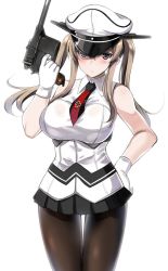 Rule 34 | 10s, 1girl, adapted costume, black pantyhose, black skirt, blush, breasts, closed mouth, collared shirt, commentary request, cowboy shot, cross, graf zeppelin (kancolle), gun, hair between eyes, hand on own hip, handgun, hat, holding, holding gun, holding weapon, iron cross, kantai collection, kyogoku shin, large breasts, long hair, looking at viewer, mauser c96, miniskirt, necktie, pantyhose, peaked cap, pleated skirt, purple eyes, red necktie, see-through, serious, shirt, sidelocks, simple background, skirt, sleeveless, sleeveless shirt, solo, standing, twintails, weapon, white background, white hat, wing collar