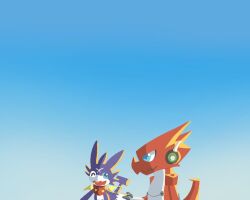 Rule 34 | blue eyes, digimon, gumdramon, headphones, looking at another, one eye closed, shoutmon, tail, wink