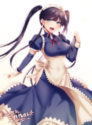Rule 34 | 1girl, :d, apron, bad id, bad pixiv id, blush, borrowed character, breasts, brown hair, dated, dress, glint, hair tubes, holding, holding tray, konshin, large breasts, long hair, looking at viewer, maid, maid apron, maid headdress, neck ribbon, open mouth, original, purple dress, purple eyes, ribbon, round teeth, signature, simple background, smile, solo, standing, teeth, tray, twintails, white apron, white background