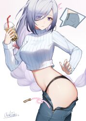 Rule 34 | 1girl, ark john up, black panties, breasts, bubble tea, commentary, cowboy shot, crop top, cropped sweater, cup, disposable cup, genshin impact, grey eyes, grey hair, grey nails, grey pants, grey sweater, hand up, highres, holding, holding cup, large breasts, long hair, midriff, nail polish, navel, panties, pants, ribbed sweater, shenhe (genshin impact), solo, standing, sweater, underwear, unzipped, very long hair, wardrobe malfunction