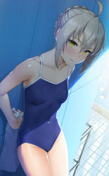 Rule 34 | 1girl, artoria pendragon (fate), competition school swimsuit, fate/grand order, fate (series), highres, mysterious heroine x alter (fate), nonderi, one-piece swimsuit, pool, school swimsuit, short hair, silver hair, solo, swimsuit, thighs, yellow eyes