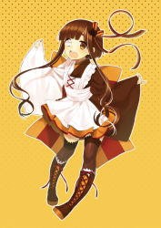 Rule 34 | 1girl, :d, apron, boots, bow, brown eyes, brown hair, cross-laced footwear, dress, heterochromia, streaked hair, large bow, long hair, midorikawa you, multicolored hair, open mouth, outstretched arms, sidelocks, smile, solo, spread arms, thighhighs, white eyes, white hair, yellow background, yukico-tan, yukijirushi