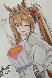Rule 34 | 1girl, absurdres, animal ears, apron, breasts, brown hair, carrot print, cototiworld, cowboy shot, daiwa scarlet (umamusume), dated, food print, grey sweater, hair ribbon, hand on own hip, heart, heart print, highres, holding, holding ladle, horse ears, horse girl, horse tail, jewelry, ladle, large breasts, long hair, long sleeves, marker (medium), one eye closed, open mouth, pants, print apron, purple apron, red eyes, ribbon, ring, signature, solo, sweater, tail, tiara, traditional media, turtleneck, turtleneck sweater, twintails, umamusume, wedding band