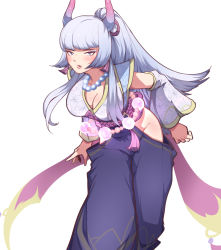 Rule 34 | 1girl, bad id, bad pixiv id, bead necklace, beads, bent over, breasts, character request, cleavage, commentary request, detached sleeves, feet out of frame, grey background, grey hair, groin, highres, horns, jewelry, large breasts, league of legends, long hair, long sleeves, nd (kin5575), necklace, no panties, pants, parted lips, pink eyes, ponytail, purple pants, rope, simple background, solo, spirit blossom syndra, syndra