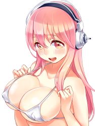 Rule 34 | 1girl, bikini, blush, breasts, cleavage, headphones, highres, large breasts, long hair, looking at viewer, mushi aoi, navel, nitroplus, open mouth, pink eyes, pink hair, smile, solo, super sonico, swimsuit, white bikini