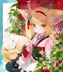 Rule 34 | 1girl, a0 plnt, animal, animal ear fluff, animal ears, apron, arknights, blonde hair, commentary request, fox, fox ears, fox girl, fox tail, frilled apron, frills, green eyes, highres, holding, holding umbrella, japanese clothes, kimono, kitsune, kyuubi, long hair, long sleeves, looking at viewer, multiple tails, obi, official alternate costume, oil-paper umbrella, parted lips, pink kimono, pinwheel, red umbrella, sash, solo, suzuran (arknights), suzuran (yukibare) (arknights), tail, umbrella, waist apron, white apron, wide sleeves