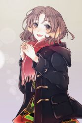Rule 34 | 1girl, alternate costume, brown eyes, brown hair, camouflage, camouflage, camouflage skirt, chiyoda (kancolle), coat, earmuffs, fingers together, fuwa teitoku, jewelry, kantai collection, looking at viewer, medium hair, ring, scarf, simple background, skirt, smile, wedding band