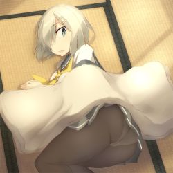 Rule 34 | 00s, 10s, 11eyes, 1girl, bad id, bad twitter id, black pantyhose, blanket, blue eyes, breasts, gloves, hair ornament, hair over one eye, hairclip, hamakaze (kancolle), kantai collection, large breasts, looking at viewer, lying, on floor, on side, open mouth, panties, panties under pantyhose, pantyhose, pleated skirt, school uniform, serafuku, shigino sohuzi, short hair, skirt, solo, tatami, underwear, uniform, white gloves, white hair, white panties