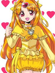 Rule 34 | 10s, 1girl, :d, bad id, bad pixiv id, bow, bubble skirt, calm okome, choker, circlet, cure muse, cure muse (yellow), dress, eyelashes, frills, hair bow, heart, heart background, long hair, magical girl, open mouth, orange hair, outline, pink eyes, precure, shirabe ako, skirt, smile, solo, suite precure, transparent background, white background, white outline, yellow bow, yellow dress, yellow skirt