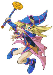 Rule 34 | 1girl, bare shoulders, blonde hair, blue eyes, blue footwear, blush, boots, choker, dark magician girl, detached sleeves, duel monster, full body, hat, long hair, nami (namiko), one eye closed, open mouth, pentacle, skirt, solo, staff, wand, white background, wink, wizard hat, yu-gi-oh!, yuu-gi-ou, yu-gi-oh! duel monsters