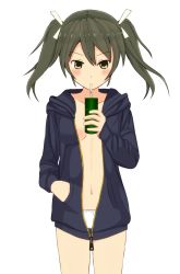 Rule 34 | 10s, 1girl, batchi, blush, breasts, breasts apart, casual, collarbone, cowboy shot, drinking, drinking straw, green eyes, green hair, hair ribbon, hand in pocket, hood, hoodie, kantai collection, long sleeves, looking at viewer, matching hair/eyes, naked hoodie, navel, no bra, panties, ribbon, solo, transparent background, twintails, underwear, unzipped, upper body, white background, white panties, zuikaku (kancolle)