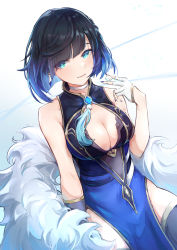 Rule 34 | 1girl, absurdres, bare shoulders, black hair, black nails, blue background, blue dress, blue eyes, blue hair, blunt bangs, bob cut, breasts, cleavage, commentary, cowboy shot, dress, genshin impact, gloves, gradient background, gradient hair, hand up, highres, jinribbit, large breasts, looking at viewer, multicolored hair, nail polish, pelvic curtain, short hair, sleeveless, sleeveless dress, smile, solo, white background, white gloves, yelan (genshin impact)