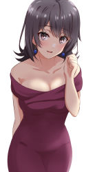 Rule 34 | 1girl, :d, bare arms, black hair, blush, breasts, brown eyes, cleavage, collarbone, dars (recolors), dress, earrings, hair between eyes, highres, jewelry, long hair, looking at viewer, off-shoulder dress, off shoulder, open mouth, red dress, simple background, smile, solo, standing, white background, yahari ore no seishun lovecome wa machigatteiru., yukinoshita haruno