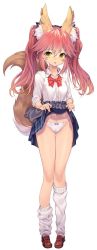 Rule 34 | 10s, 1girl, animal ears, blush, breasts, clothes lift, collarbone, commentary request, fate/extella, fate/extra, fate (series), fox ears, fox tail, full body, loafers, loose socks, navel, official alternate costume, panties, pink hair, shirt, shoes, simple background, skirt, skirt lift, small breasts, socks, solo, tail, tamamo no mae (fate/extra), tangamja, thigh gap, twintails, underwear, white background, white panties, yellow eyes