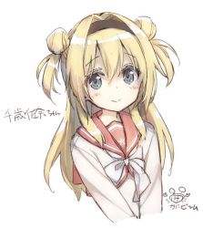 Rule 34 | 1girl, blonde hair, blush, bow, bowtie, closed mouth, commentary request, copyright request, double bun, hair bun, hair intakes, hairband, kani biimu, long hair, long sleeves, pink sailor collar, sailor collar, school uniform, serafuku, shirt, signature, smile, solo, translation request, upper body, white bow, white bowtie, white shirt