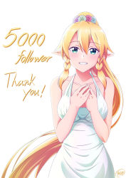 Rule 34 | 1girl, bare arms, bare shoulders, blonde hair, blue flower, blush, braid, breasts, collarbone, commentary request, cowboy shot, dress, flower, green eyes, hair between eyes, hair flower, hair ornament, hands up, highres, ken-ji, leafa, long hair, looking at viewer, milestone celebration, pointy ears, ponytail, red flower, signature, simple background, smile, solo, sword art online, teeth, thank you, twin braids, very long hair, white background, white dress, white flower