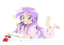 Rule 34 | ^^^, 00s, 1girl, absurdres, alternate hairstyle, barefoot, book, collarbone, eating, feet, hair down, highres, hiiragi kagami, long hair, lucky star, lying, on stomach, pajamas, pillow, pocky, purple eyes, purple hair, revision, solo, surprised, sweatdrop, tsurime, tyke